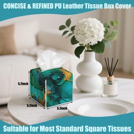 Watercolor Green Marble Tissue Box Holder,Square Leather Tissue Box Cover with Bottom Belt,Waterproof Modern Napkin Holder Organizer for Bathroom Nightstand Vanity Office Tabletop,5.2" x 5.2" x 5.2"
