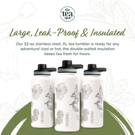 The Tea Spot Himalayan Tea Tumbler - Travel Bottle with Tea Infuser for Loose Leaf Tea or Iced Coffee - 32oz, White-Etched - Double-Walled Insulated Bottle - Keeps Drinks Hot & Cold for Hours