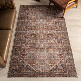 nuLOOM Splashguard Isadora Dark Green/Red, 8' x 10', Vintage, Soft and Cozy, High Traffic, Stain Resistant, Easy Clean, Durable, Machine Washable Area Rug for Bedroom, Living Room, Dining, Den, Foyer