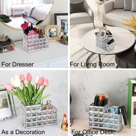Hipiwe Crystal Remote Control & Makeup Brush Organizer - 2-Slot Silver Tabletop Pen & Pencil Storage Holder for Office & Bathroom