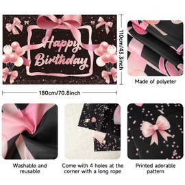 Black Rose Gold Bow Birthday Backdrop,Bow Happy Birthday Banner Decorations for Girls Women Fabric Photo Background Signs,180×110cm