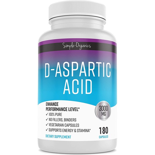 D-Aspartic Acid, 180 Vegan Capsules, 3000mg Non-GMO, No Fillers, Gluten Free