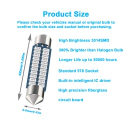 Serundo Auto Serundo Auto Red 578 Led Festoon Bulb 211-2 Led Car Bulb 41mm 42mm 1.65in 212-2 Bulb for Car Map Light Dome Light, 22SMD 3014 Chips Interior Led Festoon Bulb,Pack of 4pcs