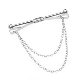 PiercingJak Mens Silver Tone Metal Shirt Tie Collar Bar Pin Stud Bar Clip Clasp Brooch Necktie Clip Bar Chain for Wedding Business