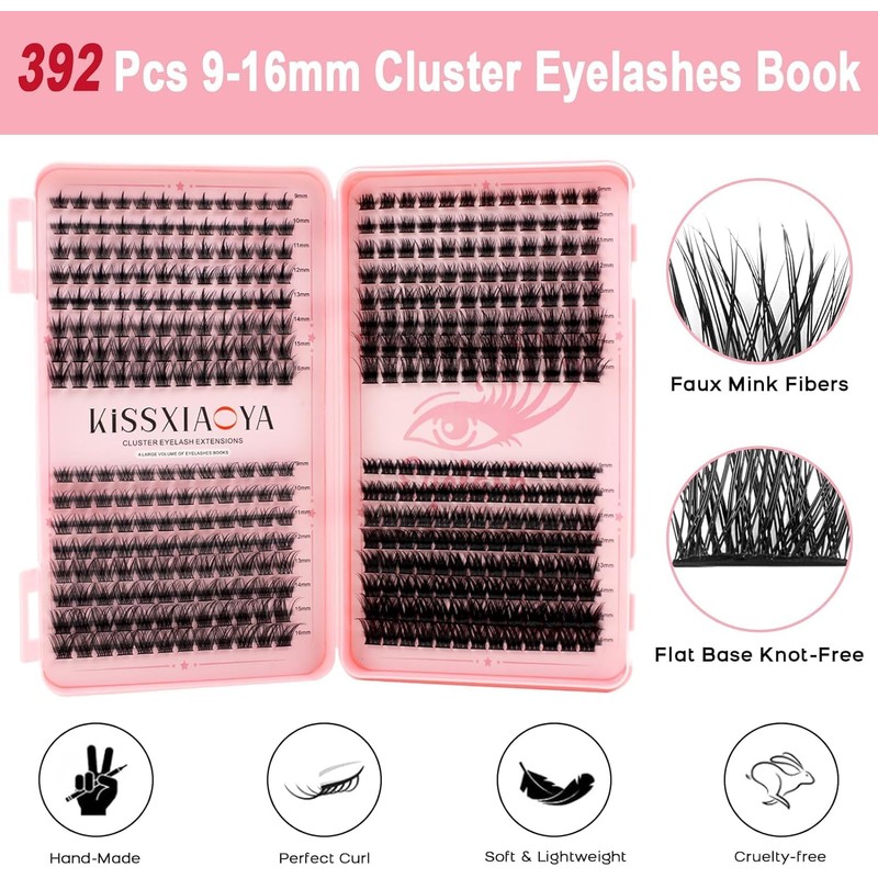Individual Cluster Lashes, 392 Pieces, Wide Stem D Curl, 9-16