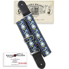 Walker & Williams H-29-CHR Vintage Series Blue Cheer Woven Hippie Guitar Strap With Brushed Nickel Hardware And Thick Leather Ends For Acoustic, Electric, And Bass Guitars, Blue, Regular