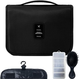 Travel Toiletry Bag - Hanging Toiletry Bag Travel Large Capacity Wash Bags Womens Makeup Cosmetic Bags with Small Hair Brush & Portable Jewelry Box - Waterproof Travel Essentials - Black - Set of 3
