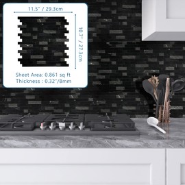 SUNWINGS Peel and Stick Mosaic Natural 3D Stone Self Adhesive Tiles, 12" x 11" 5-Sheet Stick on Backsplash for Kitchen Bathroom Fireplace Vanity, Mixed Black