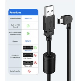 Gonifeto Dash Cam Charger Cable,(15Ft 18AWG)Thicker Shielded Mini USB Charging Cable for Garmin Nuvi,Drivesmart 65,Zumo XT,90 Degree GPS Dashcam Replacement Power Cord,Mirror Camera Power Adapter Wire