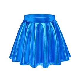 Auranso Girls Metallic Skater Skirt Sparkly Shiny Flared Pleated A-Line Mini Skort Bright Blue 7-8 Years