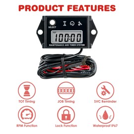 RileyFine RQ-HM026C Digital Tachometer, Total Operating Hours, SVC Reminders, Waterproof IP68 for Petrol Engines Like Lawn Mowers, Tractors, Jetskis, Boats, Outboard Engines (Black)