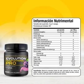 EVOLUTION, Electrolitos, Bebida Hidratante en Polvo, Hydromineral Pro, 5 Electrolitos, Sugar Free, Zero Carb, Sabor Uva, 60 Porciones, 300 g
