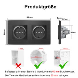 CNBINGO Aluminium Double Socket with Clamping Claws - Double Schuko Socket Flush-Mounted - Protective Contact Installation Wall Socket with Aluminium Frame - 2 Compartments - Silver
