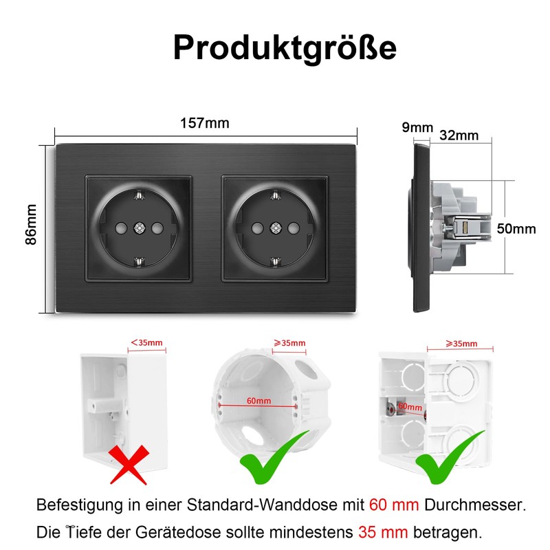 CNBINGO Aluminium Double Socket with Clamping Claws - Double Schuko