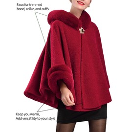 Dahlia Women's Winter Poncho Cape – Luxurious Faux Fur-Trimmed, Shed-Free, Silky Touch, Fleece-Lined Elegant Cloak, Gray Medium