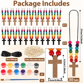 Qyeahkj 30 Pack Wood Cross Necklace Christian Sunday School Jesus Craft Kit for Kid Bulk 500+ Coloring You Own Cross Beads Ornaments DIY Wooden Painting Cross Necklace for Boy Girl Crafts Favor