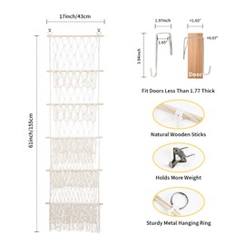 Vurlexat Over the Door Stuffed Animal Storage, 5 Tier 17x61 Inch Cotton Toy Organizer with LED Light & Clips for Stuffy Toy, Boho Hanging Storage Net Behind the Door for Nursery Kids Girls Boys(White)