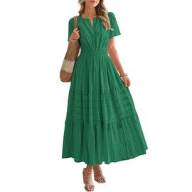 BTFBM Womens Summer 2025 Casual Midi Maxi Dresses Lightweight Short Sleeve V Neck Elastic Waist Boho Beach Dress Pockets(Dark Green, Large)