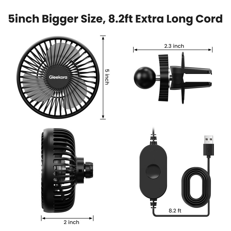 5'' USB Car Vent Fan, 3-Speed with Memory Function, 8.2ft