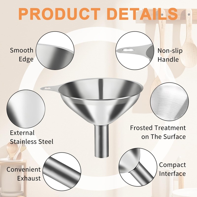 Jotia 4Pcs Stainless Steel Kitchen Funnel Set with Brush, 3