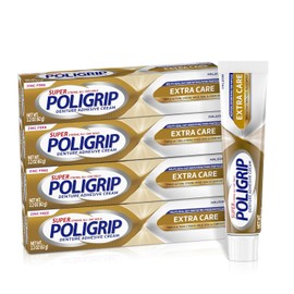 Super Poligrip Extra Care - Crema adhesiva para dentaduras postizas sin zinc, 2.2 onzas (paquete de 4)