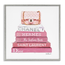 Stupell Industries Pink Book Stack Fashion Handbag, Design by Amanda Greenwood Gray Framed Wall Art, 24 x 24