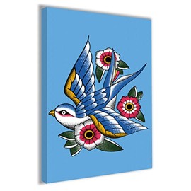 Hippowarehouse Blue Swallow Bird Flowers Oldschool Retro Tattoo Style Vintage Printed Canvas 21cmx31cm Wall Art Design Classroom Gym Room Home Office DÃƒ©cor