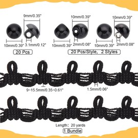 PH PandaHall 20 Yards Braid Trim with Elastic Button Loops Black Tassel Fringe Lace Trim with 60pcs Buttons Sewing Dress Zipper Extender for Costume Crafts Sewing Clothing Accessories Decorations