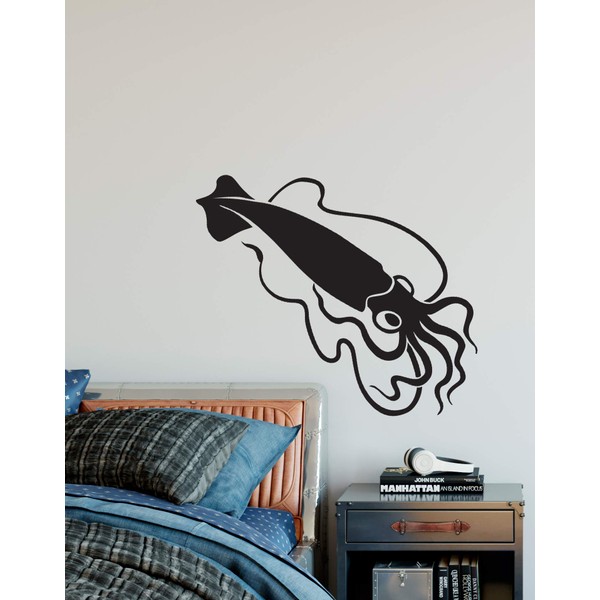 Giant Squid Wall Decal Sticker. (Black Color) (43in X 21in)
