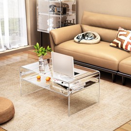 solaround Acrylic Coffee Table for Living Room Clear Rectangle Lucite Table with Open Storage Shelf, Clear