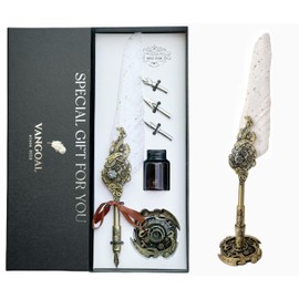 VANGOAL Steampunk Feather Pen and Ink Set with Gift Box, Vintage Quill Pen for Writing, Calligraphy Pen Set for Office Supplies, Birthday, Wedding, Christmas Gift (White)