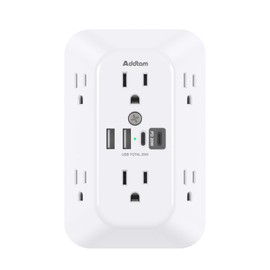 Addtam Surge Protector Outlet Extender, 6-Outlet Splitter with 4 USB Wall Charger(PD 20W), Multi Plug Wall Outlet 1800J Power Strip for Home Office Dorm Room Essentials