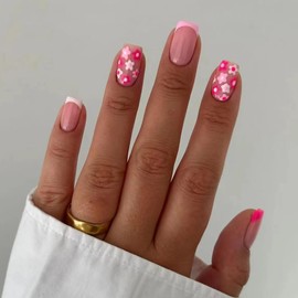 AkiliBIELY Square Press on Nails Short Medium Pink White Bare Floral Cute French Tip Glue on Nails Women Fake Nails Acrylic Gel Stick on Nails Fantasy Classy False Nails Wedding Birthday