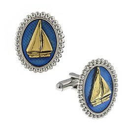 1928 Jewelry Mens Silver Tone Montana Blue Enamel Gold Sailboat Cufflinks