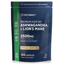 Ashwagandha KSM-66 and Lion's Mane 2500mg Capsules | KSM-66 Ashwagandha Root Extract & Lion's Mane Mushroom Extract, Enhanced with Black Pepper | 120 Vegan Capsules | by Horbaach