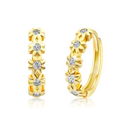 ARSKRO Huggie Earrings for Women Hypoallergenic Small Hoop Earrings Mini 14K Yellow Gold Plated Kids Cubic Zirconia Daisy Flower Earrings for Girls