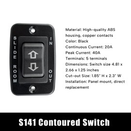Memiuyelay S141 Slide in/Slide Out Contoured Switch 20A Continuous 40A Peak 5 Terminal Black ABS Panel Mount Replacement Switch for RV Camper