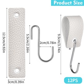 XHTXHT Pack of 12 S Hooks with Leather Loop, Brown Hooks for Clothes Rail, Hooks, Coat Hooks, Metal Hooks for Wardrobe, Kitchen, Bathroom, Camping (White)