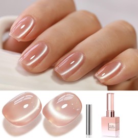 Double Rhythm 15ML Glass Cat Eye Gel Polish with Magnet Same Color Same Bottle Holographic Glitter Shimmer Salon Soak Off Magnetic Nail at Home (Apricot Nude-MC1166)