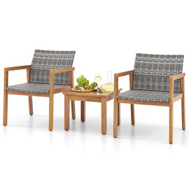 Tangkula 3 Pieces Outdoor Furniture Set, Acacia Wood Frame Sofa Set w/Rattan Seat & Back, Patio Conversation Set w/Coffee Table for Balcony, Poolside, Backyard (Mix Gray)
