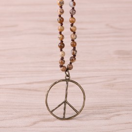 KELITCH Peace Sign Pendant Necklaces New Crystal Chains Long Women's Necklaces Oval Wooden Bead Necklace, Size:, Pearl
