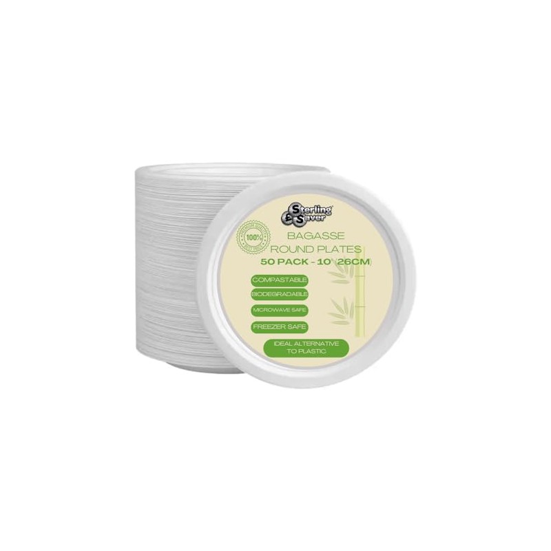STERLING SAVER SterlingSaver Disposable Bagasse Plates - Biodegradable and Compostable