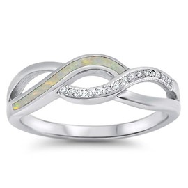Clear CZ White Simulated Opal Infinity Knot Ring .925 Sterling Silver Band Size 7