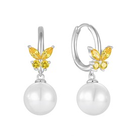 Rocayi Pearl Hoop Huggie Earrings 925 Sterling Silver Butterfly Drop Dangle Earrings November Birthstone Earrings Citrine Jewelry for Women