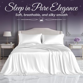 SLEEP SANCTUARY Satin Sheets Full Size – 4 Piece Luxury Silky Bed Set, Softer Than Silk, 15" Deep Pocket, Cooling & Wrinkle-Free, Moisture-Wicking & Breathable for Hair & Skin (White)