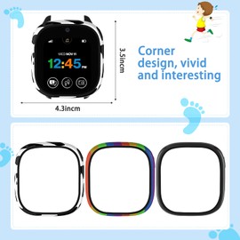 Suoman 3-Pack for Verizon Gizmo Watch 3 Case, [ Durable to Fall ] Full-Coverage Tempered Glass Protective Bumper Cover -Black+Rainbow+Big Cow