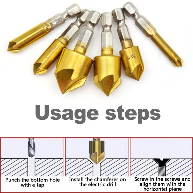 Hocansen 6 Piece Hex Countersink Drill Bit Set 5 Flutes