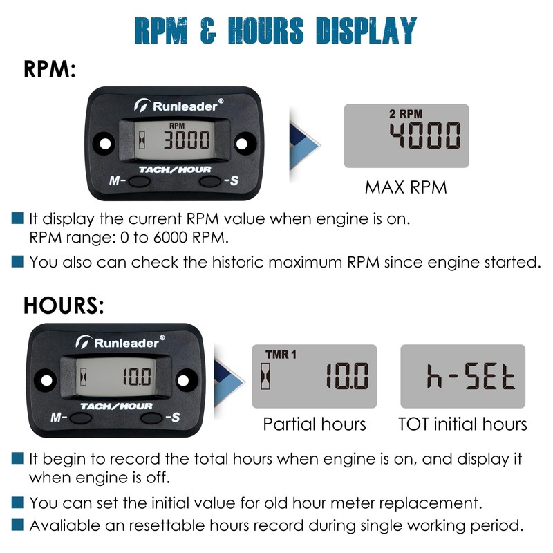 Runleader Digital Tach/Hour Meter,Maintenance Reminder for Lawn Mower Generator Motorcycle