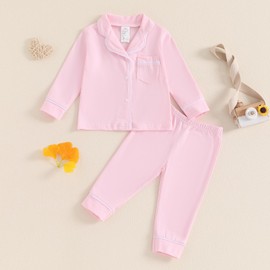 MAHUAOYIXI Toddler Baby Girl Boy Solid Pajamas Sets Long Sleeve Lapel Neck Button Down Shirts Tops with Elastic Waist Long Pants Sets 2Pcs Sleepwear Loungewear Nightwear (Pink, 2-3 Years)