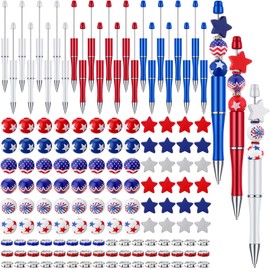Kosiz 24 Pcs Beadable Pens Patriotic American Flag Bead Pens with 120 Pcs Multicolor Beads Assorted Spacer Beads 4th of July DIY Bead Pen for Craft Office School Gift Supply